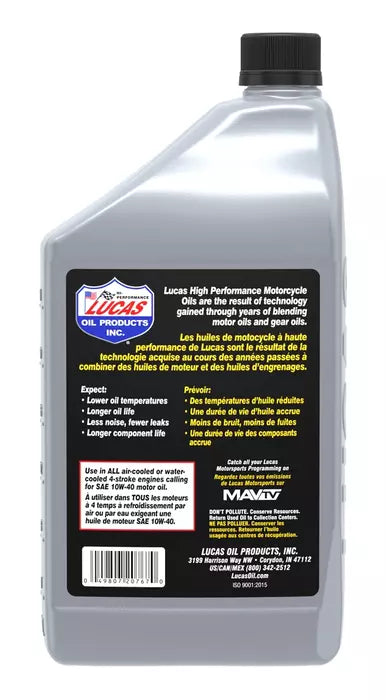 Lucas SAE High Performance Motorcycle Oil, 946 mL, 10W40