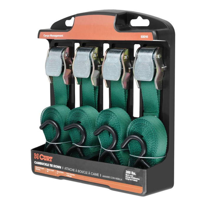 83016 16' Dark Green Cargo Straps with S-Hooks (300 lbs, 4-Pack)
