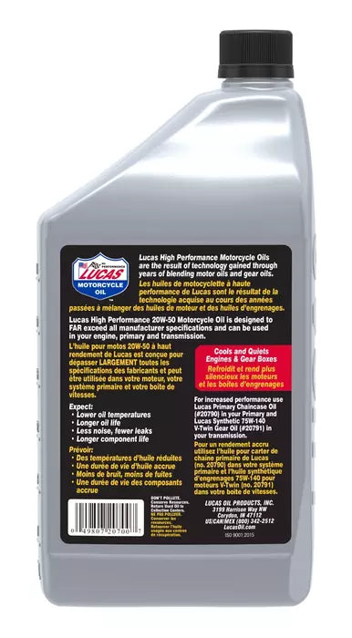 Lucas SAE High Performance Motorcycle Oil, 946 mL, 20W50