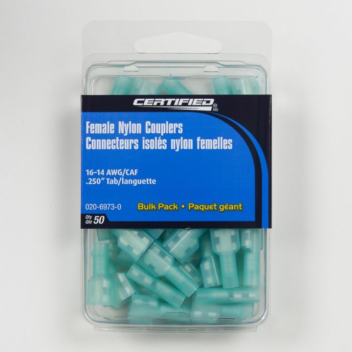 NCF-BLUE Certified 16-14 AWG Nylon Fully Insulated Female Disconnect, Bulk Pack, .250-in, 50-pk