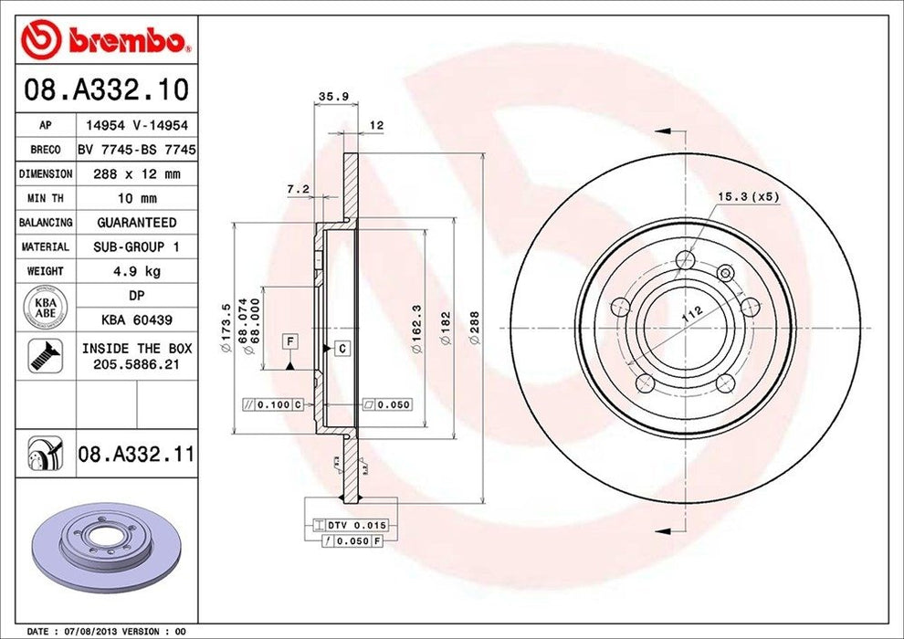 08.A332.11 Brembo Brake Rotor