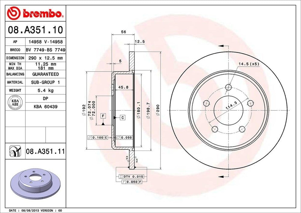 08.A351.11 Brembo Brake Rotor