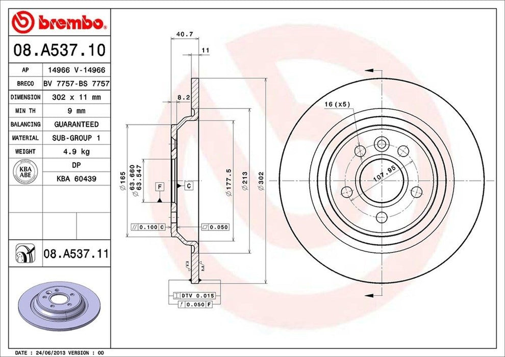 08.A537.11 Brembo Brake Rotor