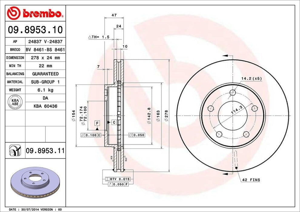 09.8953.11 Brembo Brake Rotor