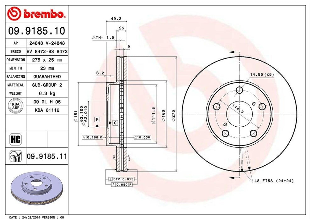09.9185.11 Brembo Brake Rotor