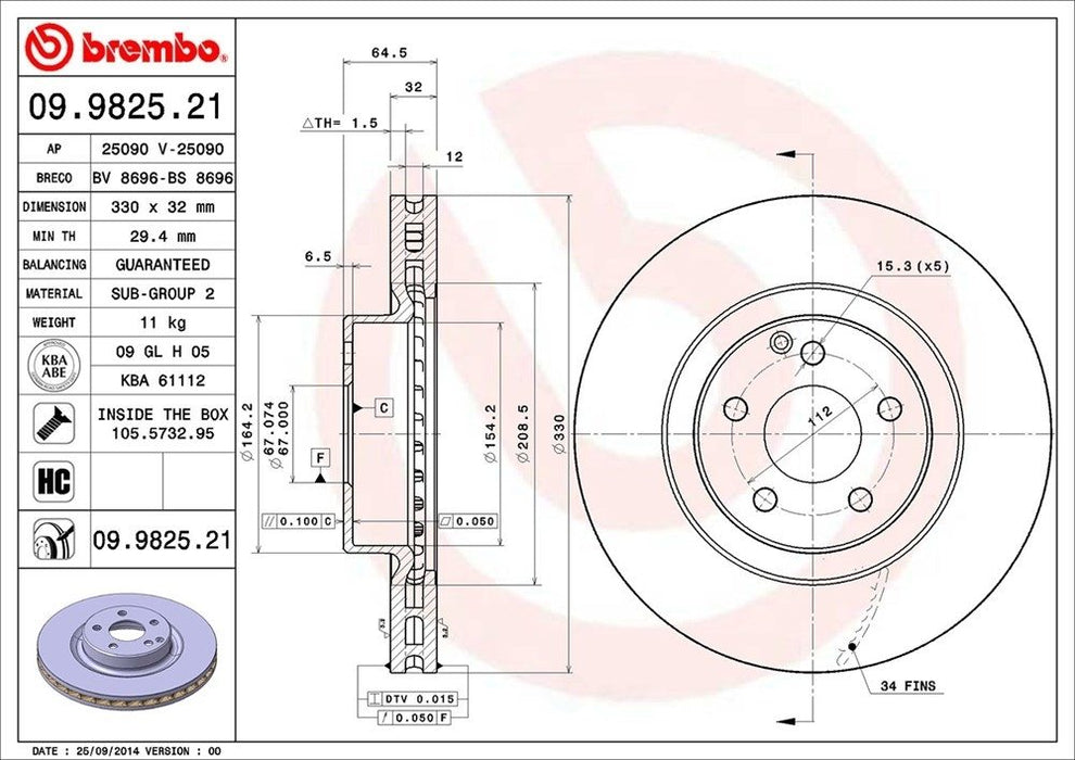 09.9825.21 Brembo Brake Rotor