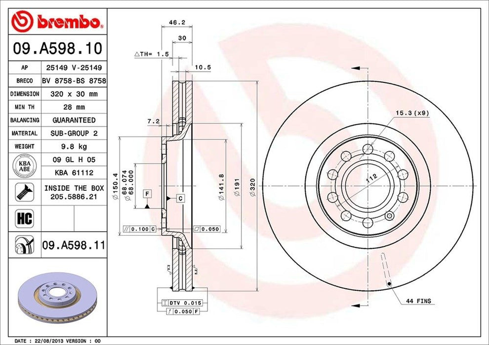09.A598.11 Brembo Brake Rotor