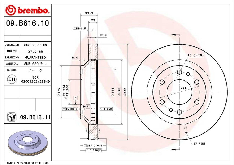 09.B616.11 Brembo Brake Rotor