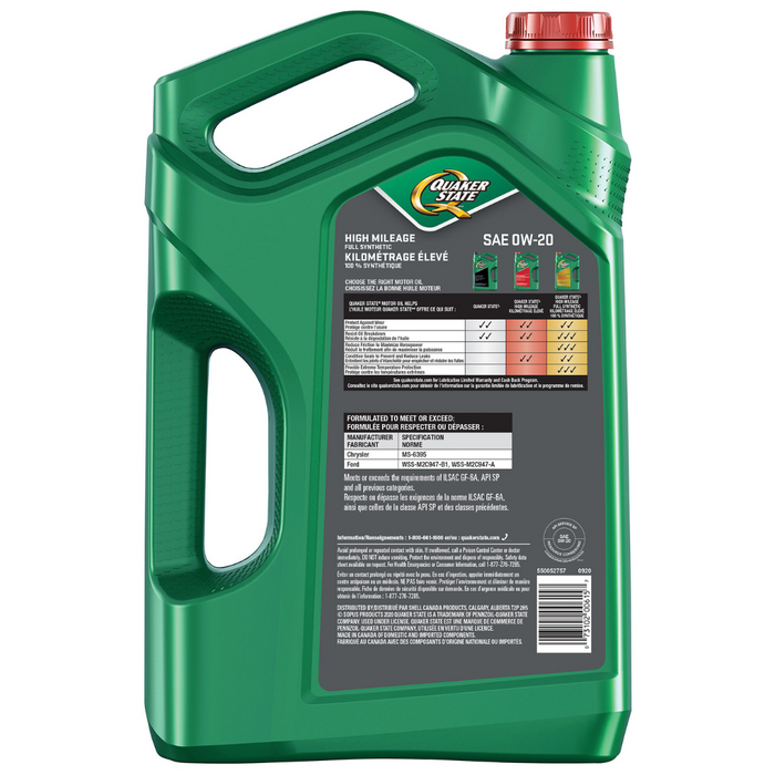Quaker State High Mileage 0W20 Synthetic Engine/Motor Oil, 5-L