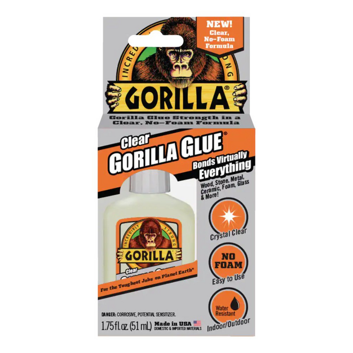 Gorilla Glue Clear Adhesive, Water-Resistant, Indoor/Outdoor, Non-Foaming, Transparent, 1.75-oz