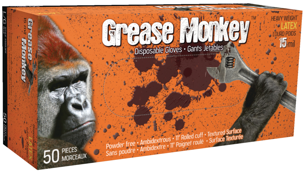 5553PF-L Grease Monkey 15 Mill Latex Glove, 50-pk
